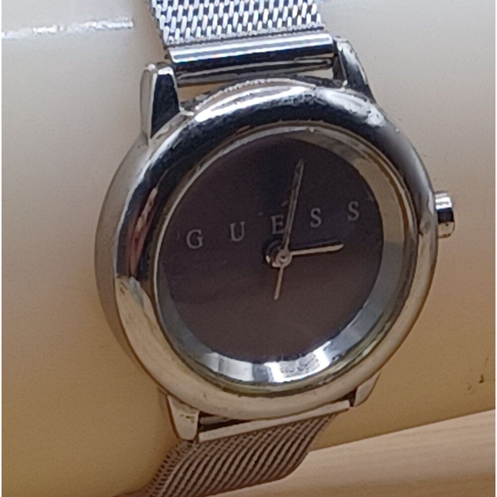 GUESS Women's Blue Face "WORKING" Watch Silver Tone Mesh Strap Stainless Steel